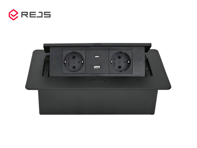 Разклонител хоризонтален REJS с 2USB Type A + C и 2 гнезда за вграждане в плот с Push, ЧЕРЕН